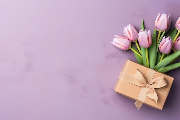 Dekorativ aus Tulpenblumenstrauß oder verpackter Geschenkbox für Muttertag oder Valentinstag mit Exemplar