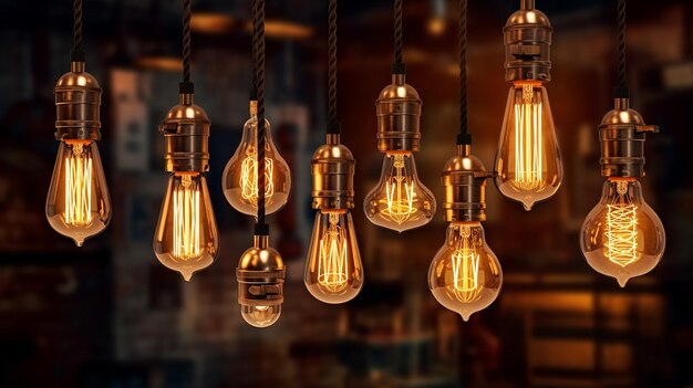 Dekorative antike Glühbirnen im Edison-Stil, verschiedene Formen von Retro-Lampen. Generative KI