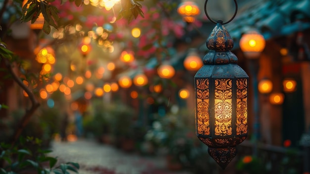 Dekorative arabische Laterne mit brennender Kerze, die in der Nacht leuchtet Festkarte Einladung zum heiligen Feiertag für Muslime Eid al adha