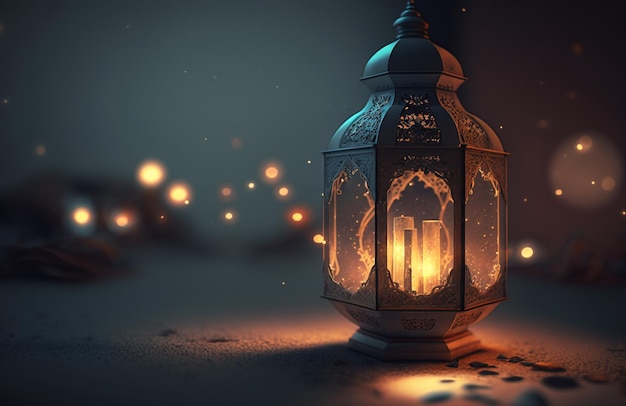 Foto dekorative arabische laterne mit brennender kerze, die nachts glüht. muslimischer heiliger monat ramadan kareem