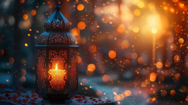 Dekorative arabische Laterne mit einer brennenden Kerze, die nachts leuchtet, und funkelnden goldenen Bokeh-Lichtern