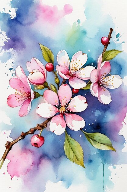 Dekorative Blumenillustration von Kirschblüten auf einem Aquarell-Hintergrund