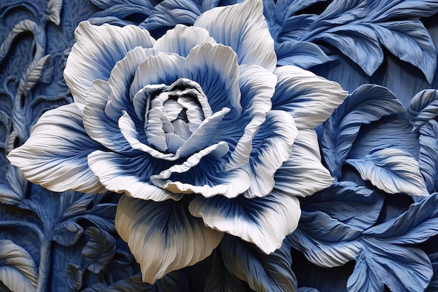 Foto dekorative blumenskulptur in blau mit weißen blättern im stil von texturierter farbe generative ki