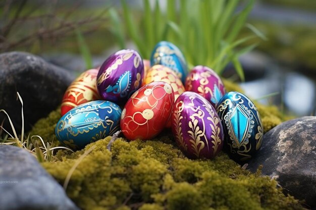 Dekorative farbige Eier auf dem Gras für den Ostertag