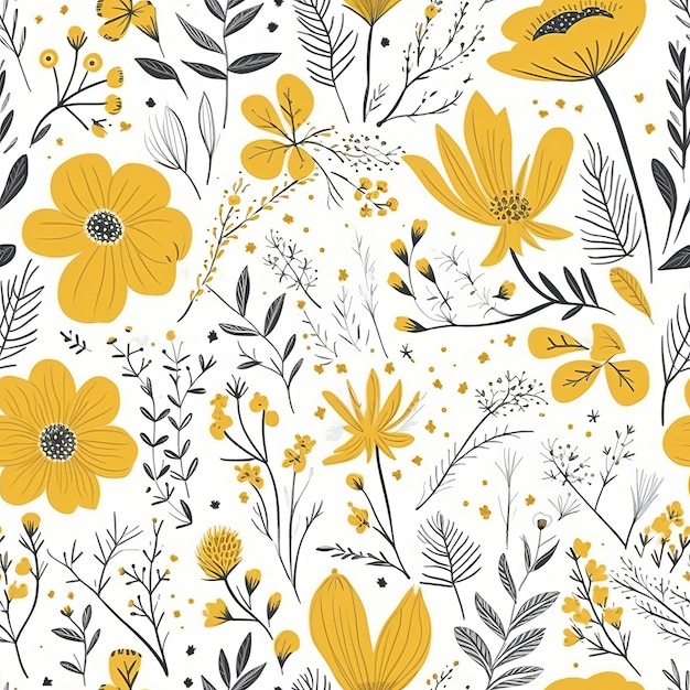 Dekorative handgezeichnete gelbe Blumen in einem floralen, nahtlosen Muster im skandinavischen Stil der KI-Generation