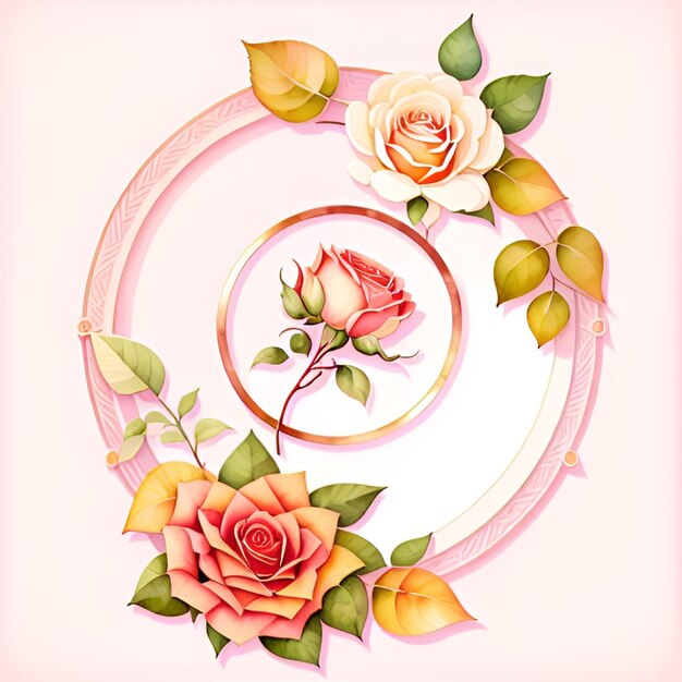 Dekorative Hochzeitseinladung Aquarell kreisförmiger Blumenrahmen mit Rosen und Blättern Illustration