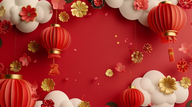 Dekorative Papierkunst-Wolken und Laternen für das Mondjahr-Banner Glückliches Neujahr in chinesischen Schriftzeichen auf rotem Hintergrund