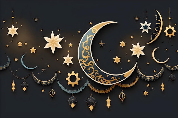dekorative traditionelle arabische Girlande Mond und Sterne auf dunklem Hintergrund Ramadan Generative AI