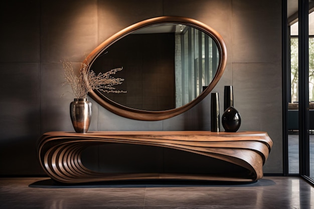 Dekorativer Holztisch im Flur mit schönen Kurven und ungewöhnlicher Form