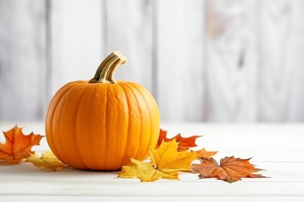 Dekorativer Kürbishintergrund und trockene Herbstblätter auf Holzarrangement im Innenbereich Halloween-Konzept
