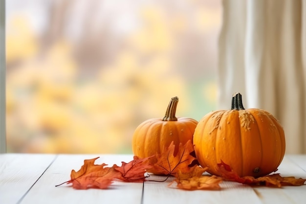 Dekorativer Kürbishintergrund und trockene Herbstblätter auf Holzarrangement im Innenbereich Halloween-Konzept