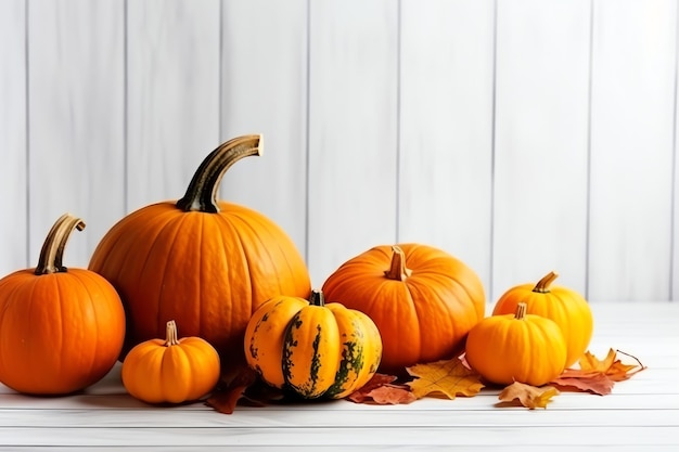 Dekorativer Kürbishintergrund und trockene Herbstblätter auf Holzarrangement im Innenbereich Halloween-Konzept