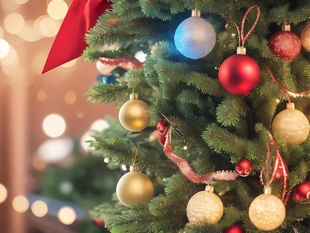 Dekorativer Weihnachtsbaum mit Bokeh-Lichtern im Hintergrund