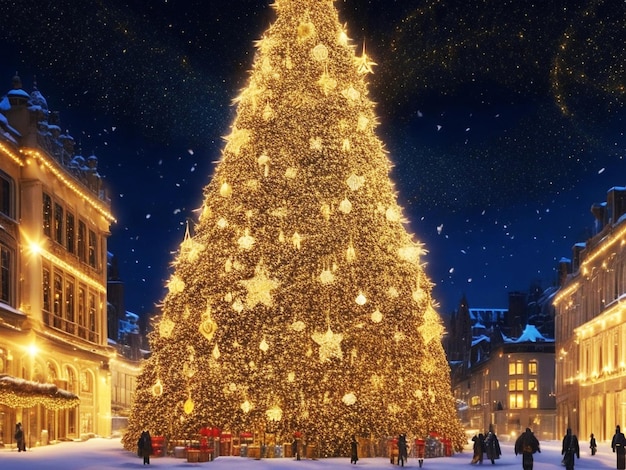 Dekorativer Weihnachtsbaum mit Lichterhintergrund und Tapete