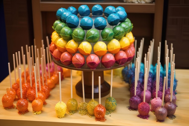 Dekoratives Cake-Pop-Display mit einem Regenbogen aus Farben und passenden Toppern, erstellt mit generativer KI