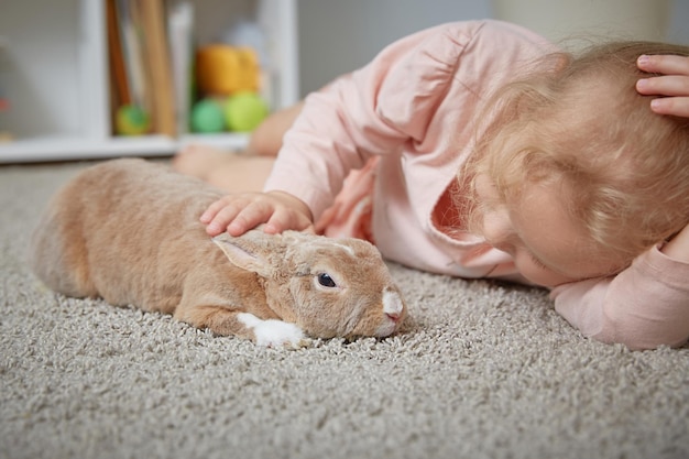 Dekoratives Kaninchen neben dem Mädchen zu Hause auf dem Teppich im Wohnzimmer Schöne Haustiere