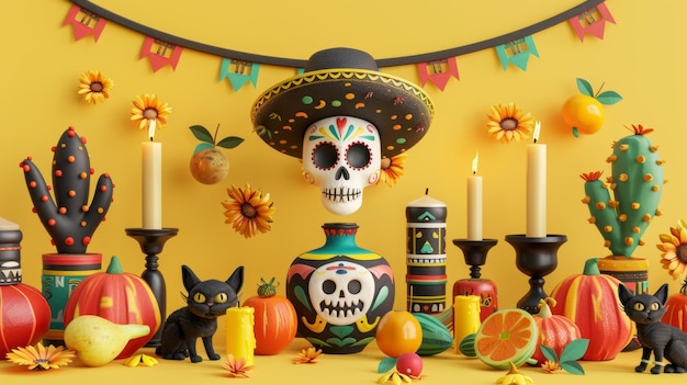 Dekoratives Set von 3D-Figuren des Tages der Toten auf gelbem Hintergrund Das Set enthält Kerzen, Schädel, Früchte, einen Sombrero, einen Zucker Schädel, eine schwarze Katze mit Maske, Marigolds und eine Keramikvase