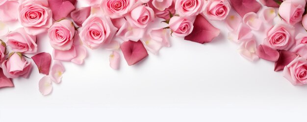 Dekoratives Web-Banner Nahaufnahme von blühenden rosa Rosen, Blüten und Blütenblättern, die auf einem weißen Tisch hinten isoliert sind