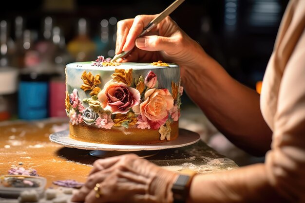 Dekorieren von Kuchen auf dem Küchentisch, professionelle Werbung für Lebensmittelfotografie