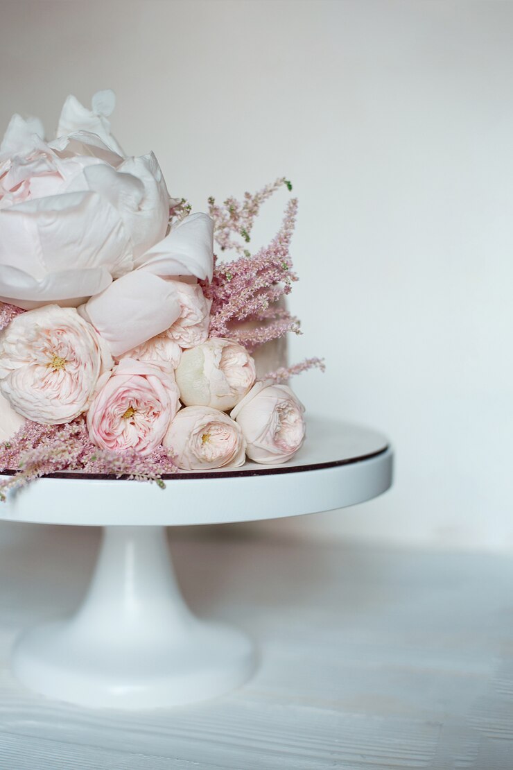 Foto dekoriert mit frischen blumen, weißem nacktem kuchen, einem stilvollen kuchen für hochzeiten, geburtstage und veranstaltungen