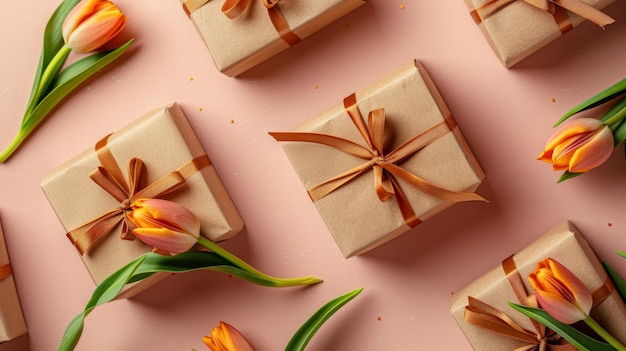 Dekorierte Muttertags-Geschenkkisten mit Bandbogen und Tulpen auf isolierter pastellrosafarbenem Hintergrund