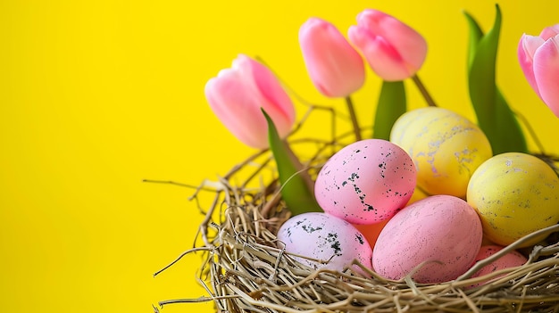 Dekorierte Ostereier im Nest mit rosa Tulpen auf gelbem Hintergrund