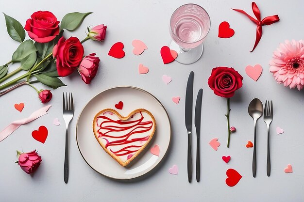 Foto dekorierte tischgestaltung für den valentinstag mit teller, gabel, messer und blumen