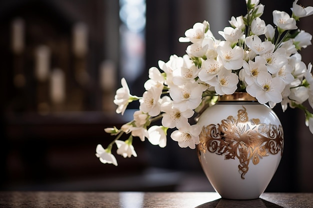 Dekorierte Urne mit Asche in einer Kirche mit weißen Blumen Generative Ai