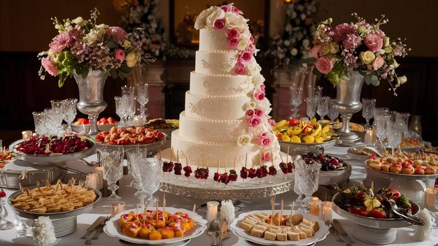 Dekorierter Banketttisch mit Snacks bei einer Hochzeit