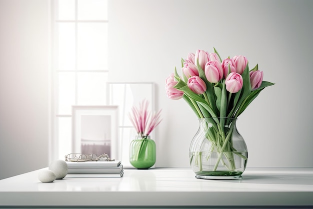 Dekoriertes Interieur eines Hauses Eine Vase mit rosa Tulpen vor einem weißen Hintergrund