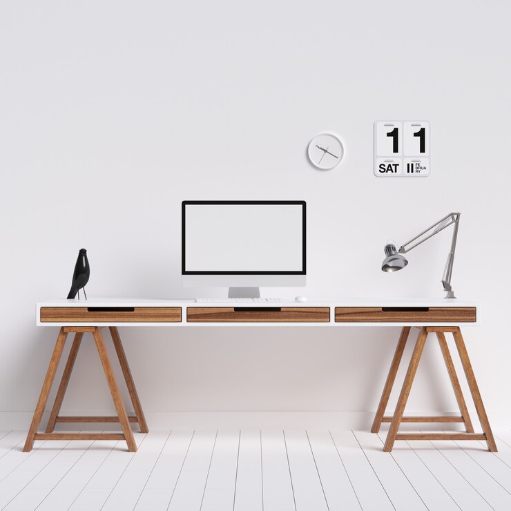 Foto dekstop do espaço de trabalho criativo com mockup de quadro de poster