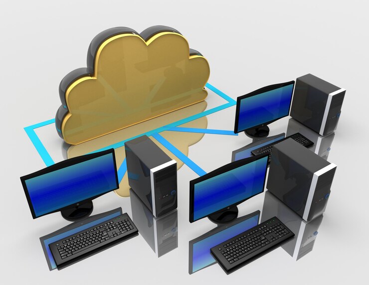 Foto dektop pc y computación en la nube. concepto de internet. 3d rindió la ilustración