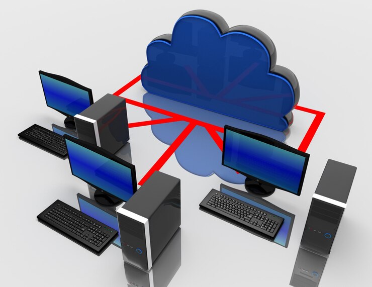 Foto dektop pc y computación en la nube. concepto de internet. 3d rindió la ilustración