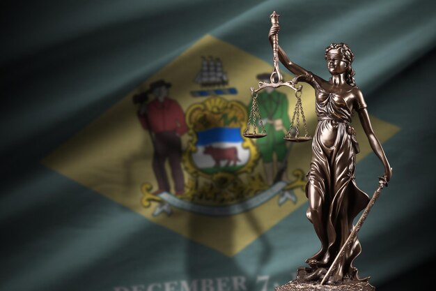 Delaware US-Staatsflagge mit Statue der Justitia und Gerichtswaage im dunklen Raum Konzept des Urteils und der Bestrafung