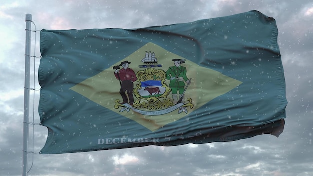 Delaware Winter Flagge mit Schneeflocken Hintergrund Vereinigte Staaten von Amerika 3D-Darstellung
