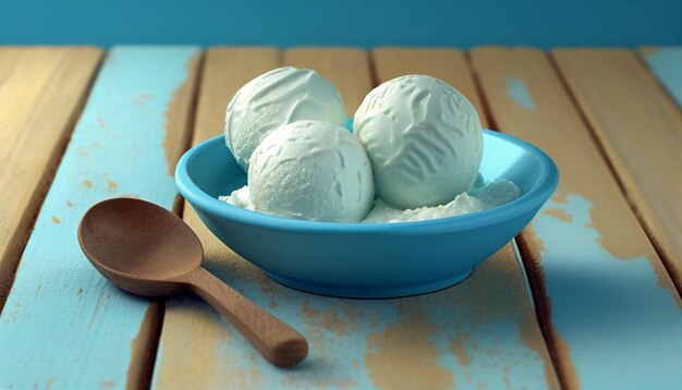 Deleite las bolas de helado de vainilla en un tazón sobre fondo azul de madera rústica IA generativa