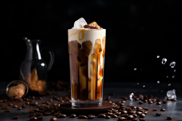 Un deleite cremoso disfrutando de la perfección del café helado en una elegante mesa de hormigón