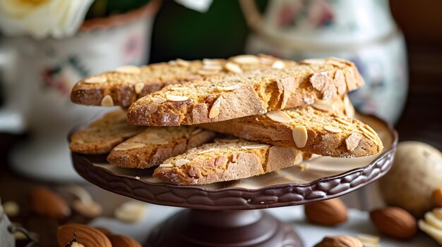 Foto el deleite italiano de primer plano de almendras caseras biscotti ia generativa