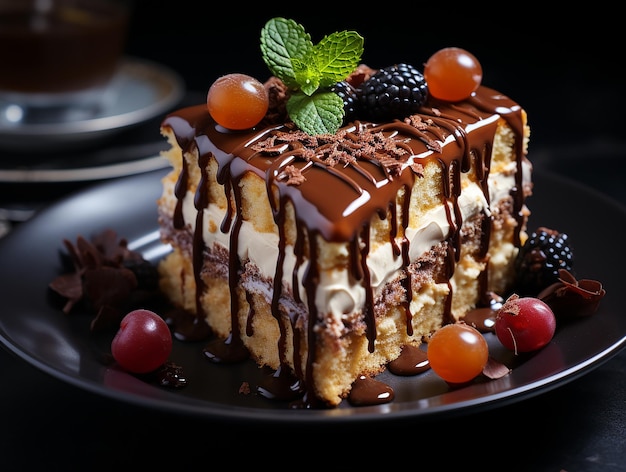 Deleite sus sentidos Primer plano de un trozo de delicioso pastel en una mesa negra