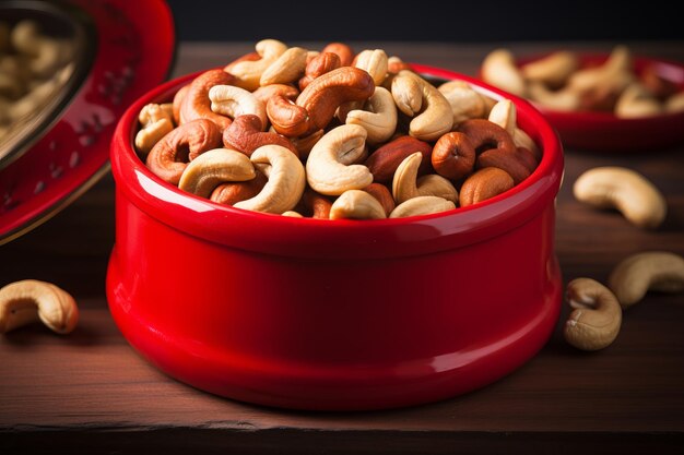 Foto el deleite tentador de las nueces de caju un recipiente rojo vibrante despierta los sentidos