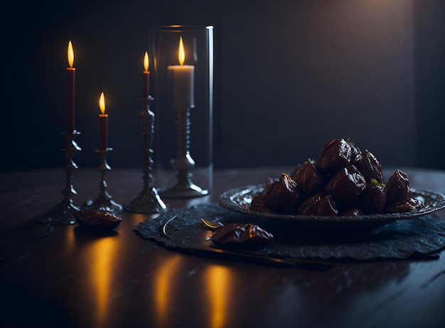 Deléitese con las delicias de Ramadán Fechas 8K ultradetalladas en un plato con iluminación volumétrica en Unreal