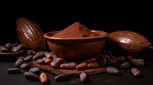 Deléitese con el polvo de cacao aromático y los frijoles en una superficie oscura, perfecto para los amantes del chocolate