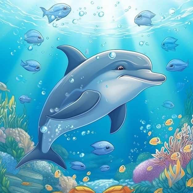 un delfín y algunos peces en el agua con el sol brillando sobre ellos.