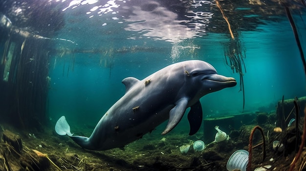 Un delfín atrapado en una bolsa de plástico en el océano Protección del medio ambiente