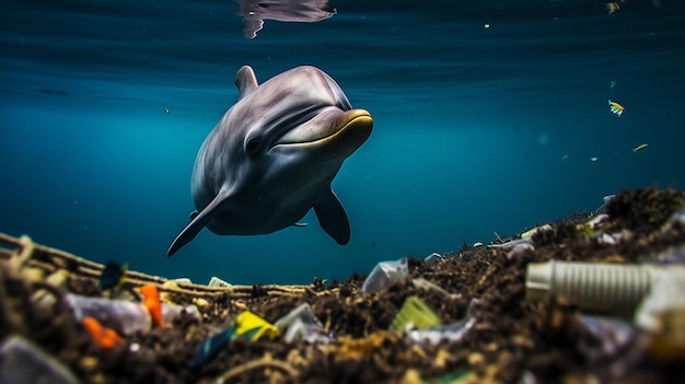 Foto un delfín atrapado en una bolsa de plástico en el océano protección del medio ambiente