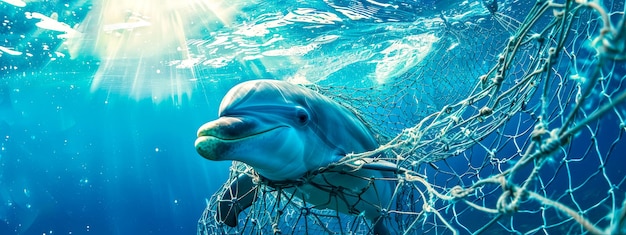 Delfín atrapado en la red de pesca del océano