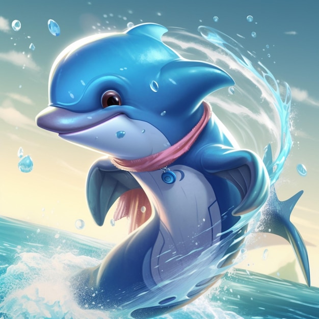 Un delfín azul nada en el agua con un pañuelo rosa alrededor del cuello.