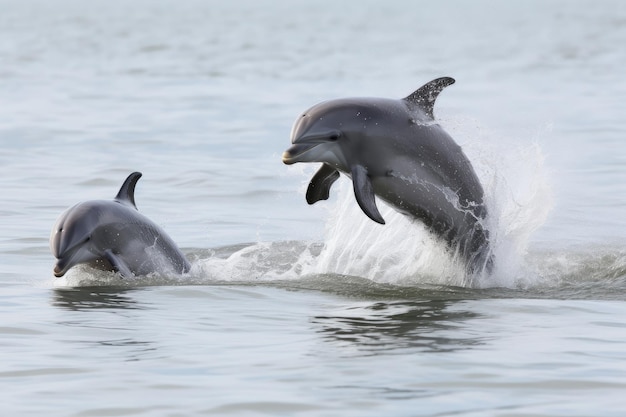 Delfín bebé saltando fuera del agua seguido de otro delfín bebé creado con inteligencia artificial generativa