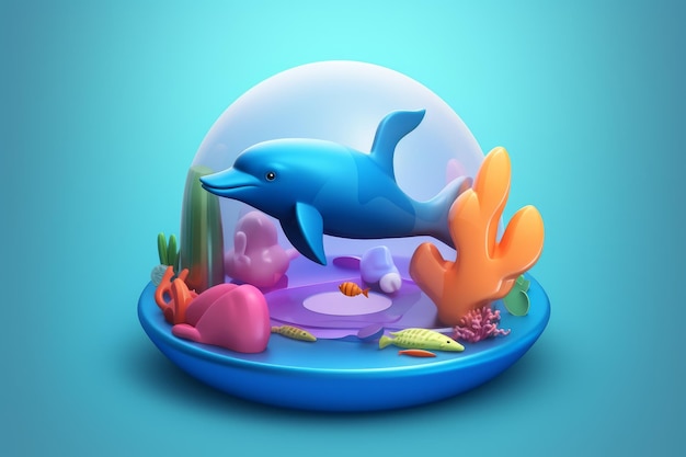 Un delfín en una burbuja con un fondo azul.