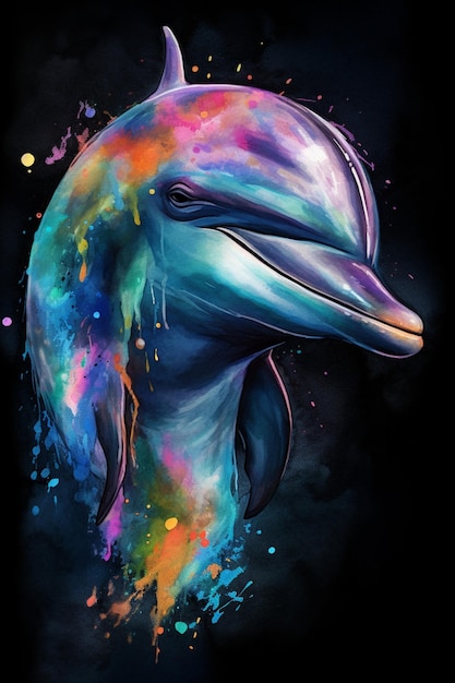 Un delfín colorido con un fondo negro.